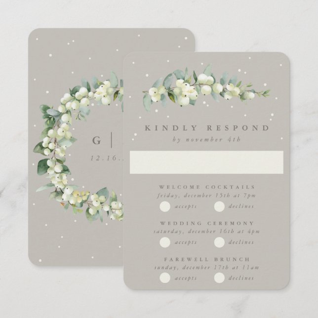 Greige Snowberry+Eucalyptus Bröllop Multi-Event OSA Kort (Fram/baksida)