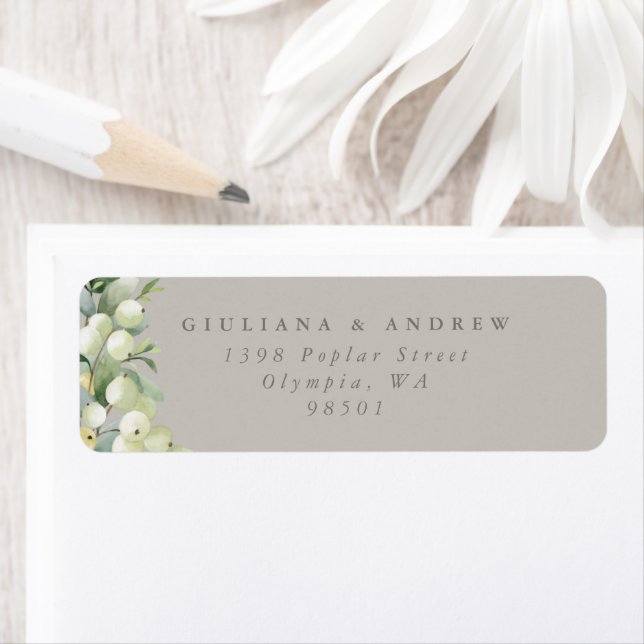 Greige Snowberry+Eucalyptus Bröllop Returadress Returadress Etikett (Insitu)