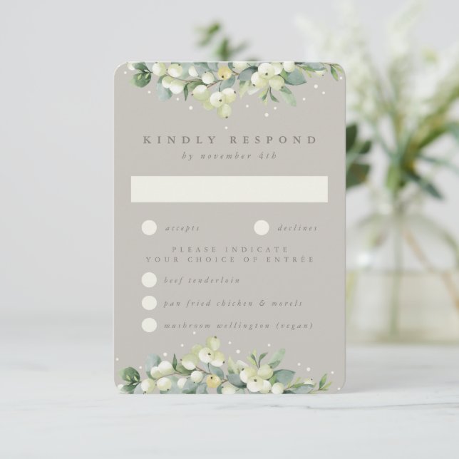 Greige Snowberry+Eucalyptus Edged Bröllop OSA Kort (Stående Fram)