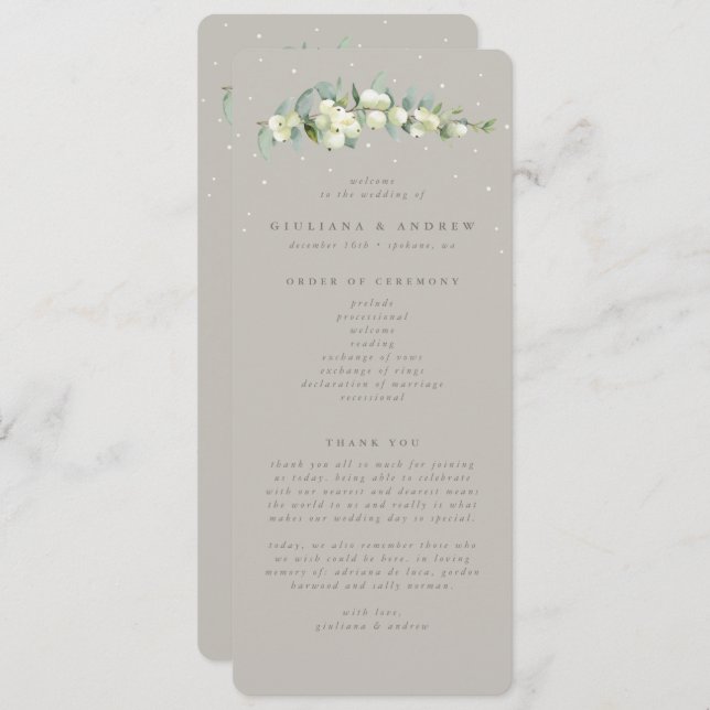 Greige Snowberry+Eucalyptus Stem Winter Wedding Program (Fram/baksida)