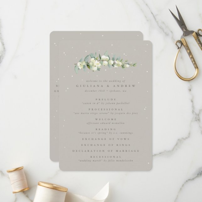 Greige Snowberry+Eucalyptus Stem Winter Wedding Program (Fram/Back In Situ)