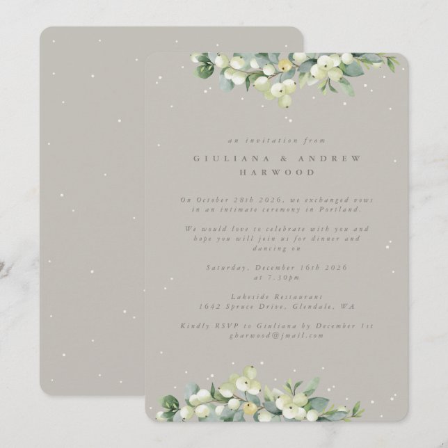 Greige Snowberry+Eucalyptus Wedding Reception Inbjudningar (Fram/baksida)