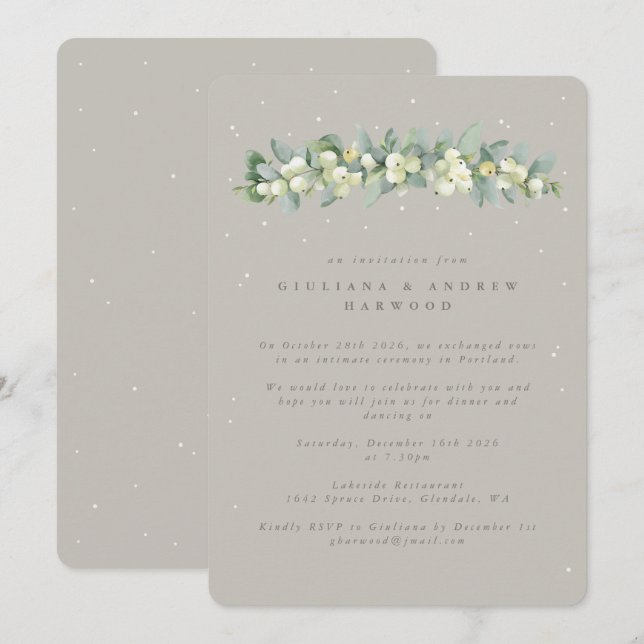 Greige Snowberry+Eucalyptus Wedding Reception Inbjudningar (Fram/baksida)