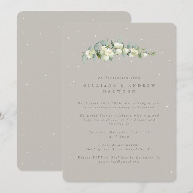 Greige Snowberry+Eucalyptus Wedding Reception Inbjudningar (Fram/baksida)