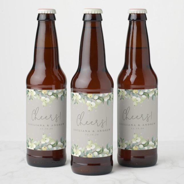 Greige Snowberry+Eucalyptus Winter Wedding Ölflaska Etikett (Flaskor)
