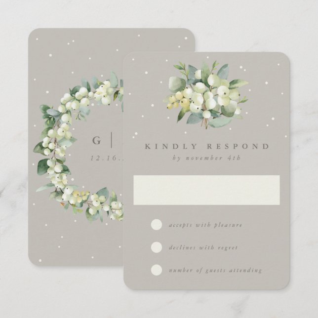 Greige Snowberry+Eucalyptus Winter Wedding OSA Kort (Fram/baksida)