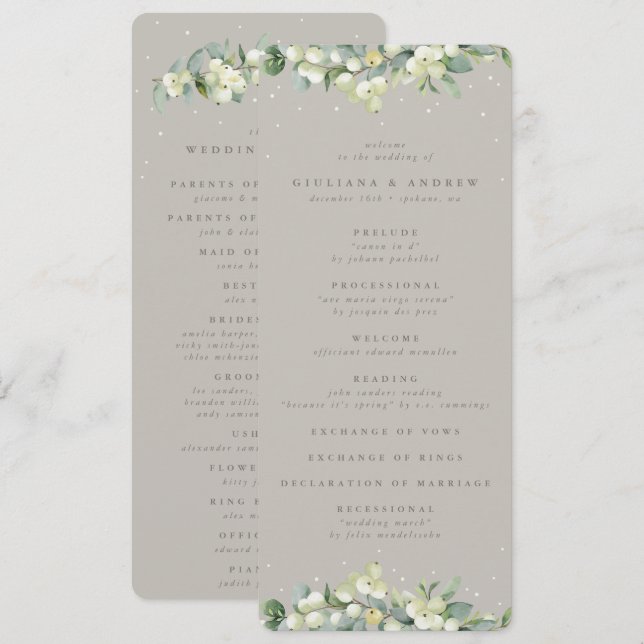 Greige Snowberry+Eucalyptus Winter Wedding Program (Fram/baksida)