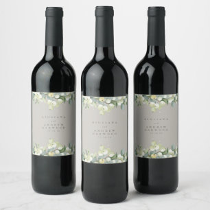 Greige Snowberry+Eucalyptus Winter Wedding Vinflaska Etikett