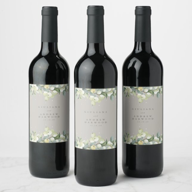 Greige Snowberry+Eucalyptus Winter Wedding Vinflaska Etikett (Flaskor)