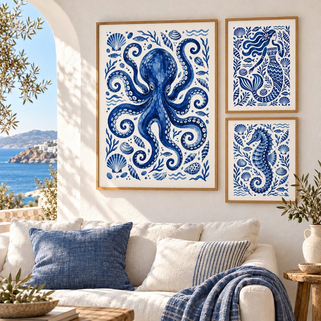 Grekisk blå bläckfisk kustkonsttryck poster (Bring the spirit of the Aegean indoors with blue and white art, natural wood and soft textures.)