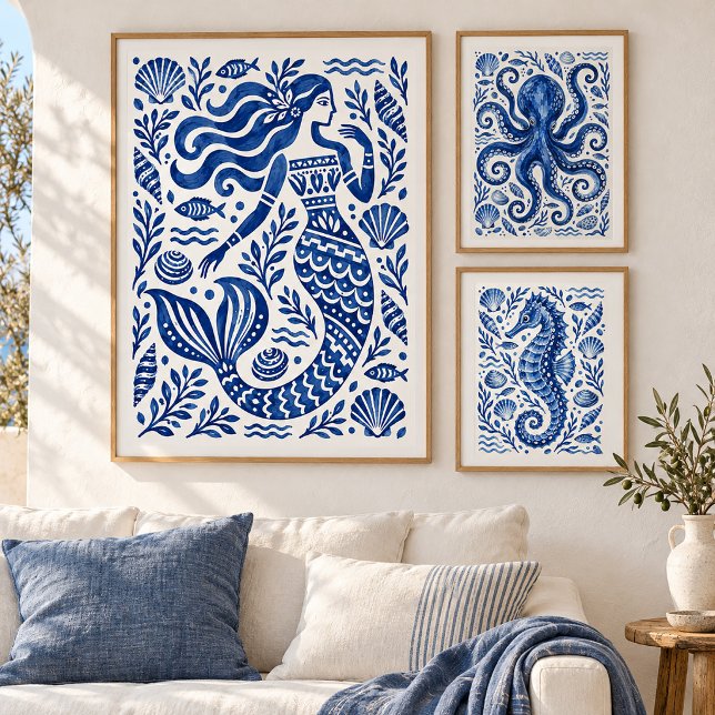 Grekisk blå sjöjungfru kustkonsttryck poster (Mix your favorite designs in different sizes for a wall that feels uniquely yours.)