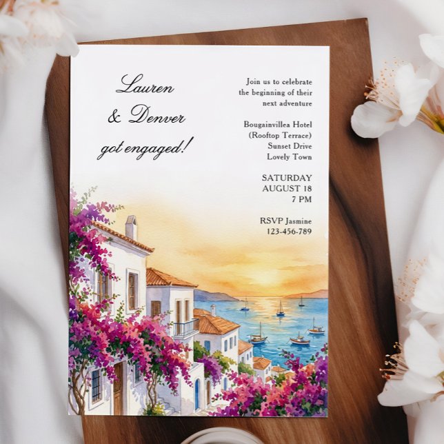 Grekisk Bougainvillea Solnedgång Engagemangsfest Inbjudningar (Greek Mediterranean sunset invitation for engagement, rehearsal dinner, wedding shower etc)