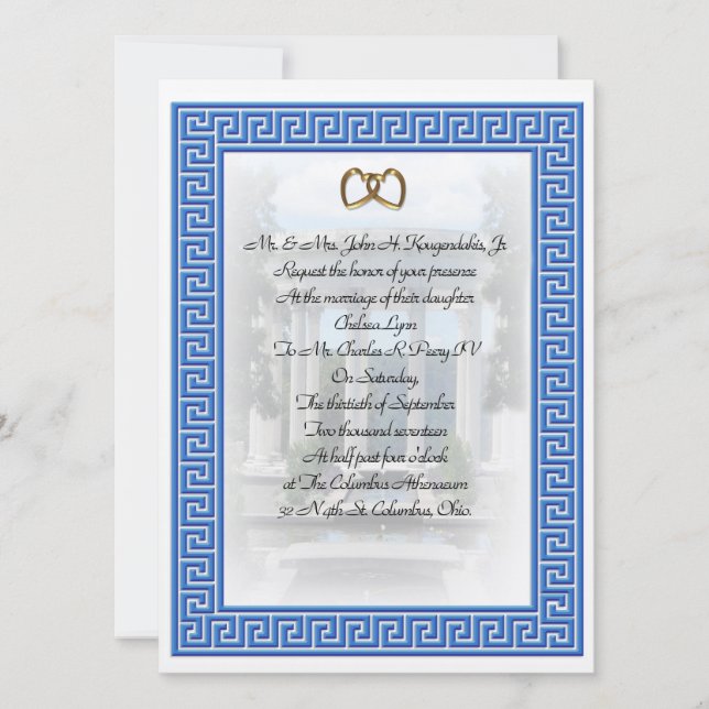 Grekisk bröllopsinbjudan Blue Nyckel elegant Inbjudningar (Framsida)