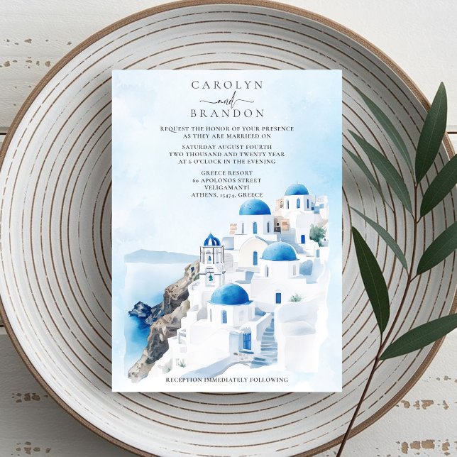 Grekisk bröllopsinbjudan inbjudningar (Greek Wedding Invitation with Santorini Buildings)