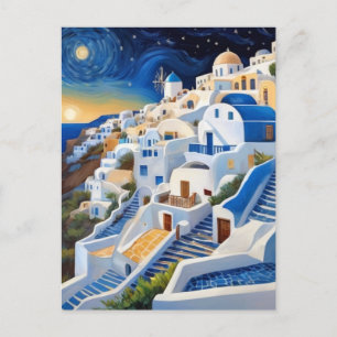 Grekisk by på bergssluttning med väderkvarn - Grek Vykort