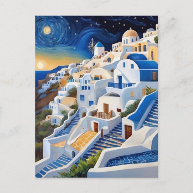 Grekisk by på bergssluttning med väderkvarn - Grek Vykort (Framsida)