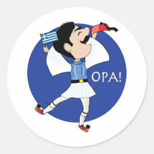 Grekisk Evzone dans med flagga OPA! Runt Klistermärke