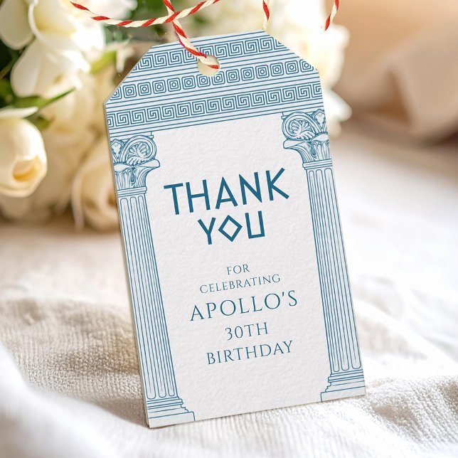 Grekisk födelsedagsfest med blåa kolonner Tack Presentetikett (Skapare uppladdad)