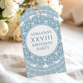 Grekisk födelsedagsfest med toga i blå design presentetikett