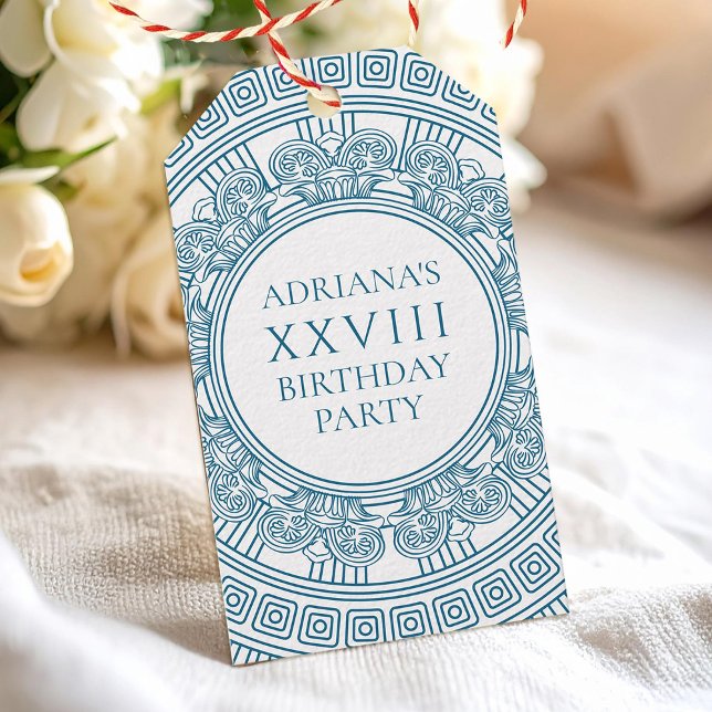 Grekisk födelsedagstojaparty med blå design presentetikett (Skapare uppladdad)