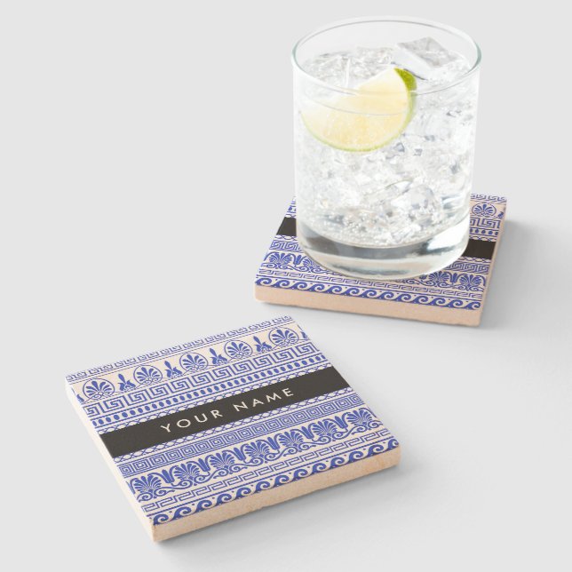 Grekisk Fret, Mixed Meander Nyckel, Blue, Ditt nam Stenunderlägg (Sidan)