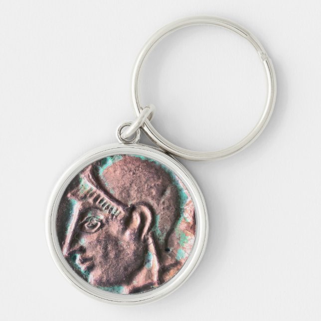 Grekisk gud-mynning rund silverfärgad nyckelring (Framsidan)