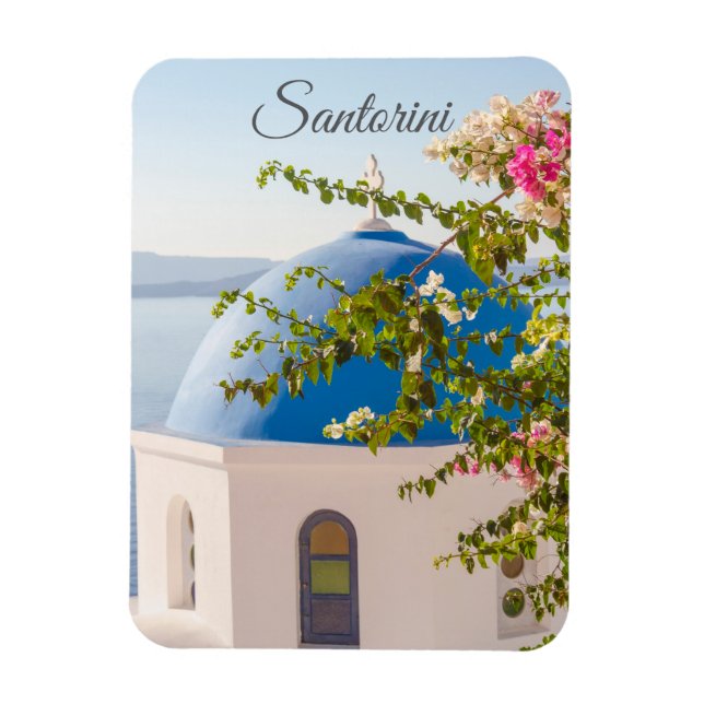 Grekisk kyrka med en blå kupol och färgglada blomm magnet (Vertikal)