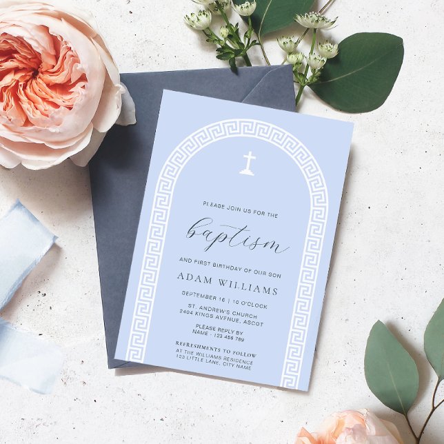 Grekisk Nyckel-arch-blå baptism Inbjudningar (Baptism Invitation Greek Key Blue White )