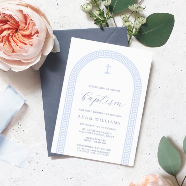 Grekisk Nyckel-Arch White Blue Baptism Inbjudningar (Greek Key Baptism Invitation)