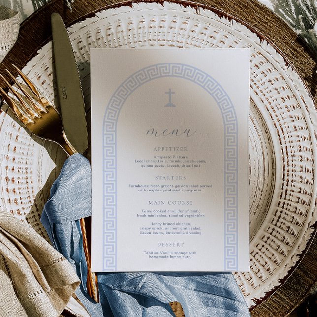 Grekisk Nyckel-Arch White Blue Baptism Meny (Greek Key Blue Baptism Menu)
