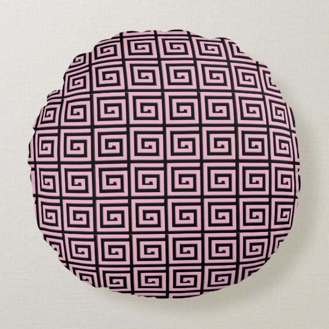 Grekisk nyckel-design - rosa och svart rund kudde (Framsidan)