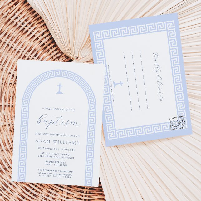 Grekisk nyckel vit blå dop inbjudan vykort (Baptism Invitation Postcard Greek Key White Blue )