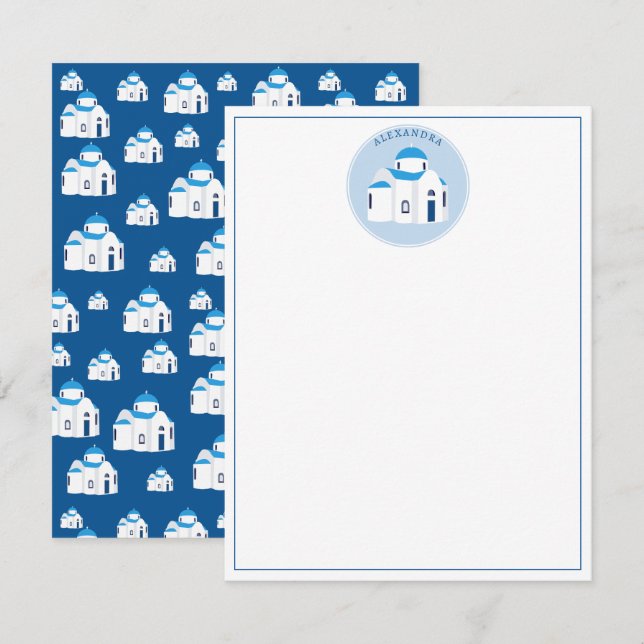 Grekisk ö Santorini Blå kupolkyrka Monogram Anteckningskort (Fram/baksida)