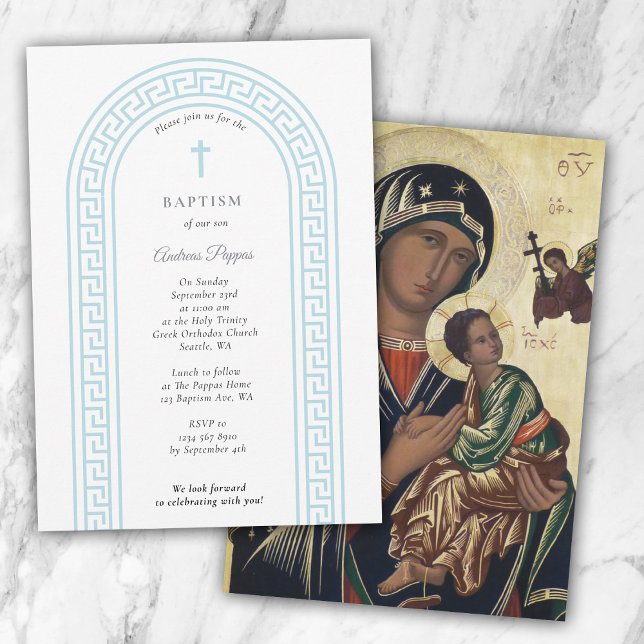 Grekisk ortodox Christening Baptism Blue Grekiska  Inbjudningar (Greek Orthodox Christening Baptism Blue Greek Key Invitation)