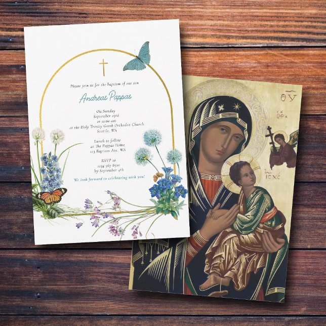 Grekisk ortodox Christening Baptism Boy Wildblomma Inbjudningar (Greek Orthodox Christening Baptism Boy Wildflower Invitation)