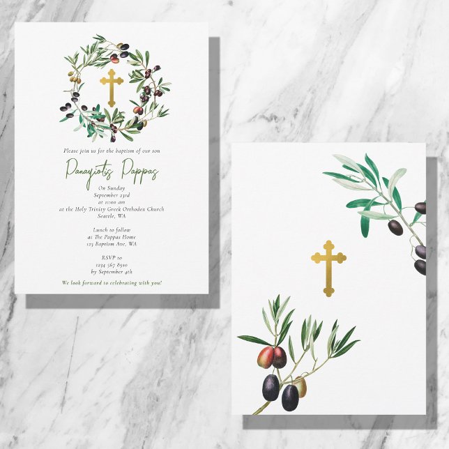 Grekisk ortodox Christening Baptism Olivy Greenery Inbjudningar (Skapare uppladdad)