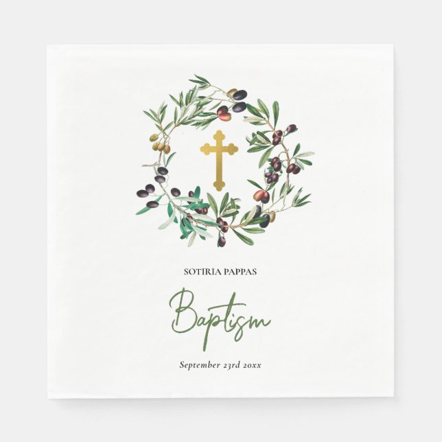 Grekisk ortodox Christening Baptism Olivy Greenery Pappersservett (Framsidan)