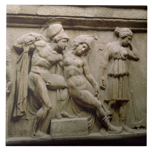 Grekisk sarkofag med en platsvisning striden kakelplatta (Framsidan)