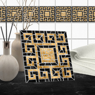 Grekiska Brken Tile Mosaic Black och guld Kakelplatta