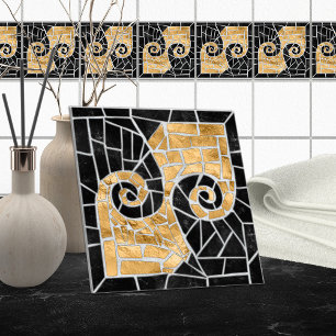 Grekiska Brken Tile Mosaic Black och guld Kakelplatta