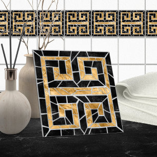 Grekiska Brken Tile Mosaic Black och guld Kakelplatta