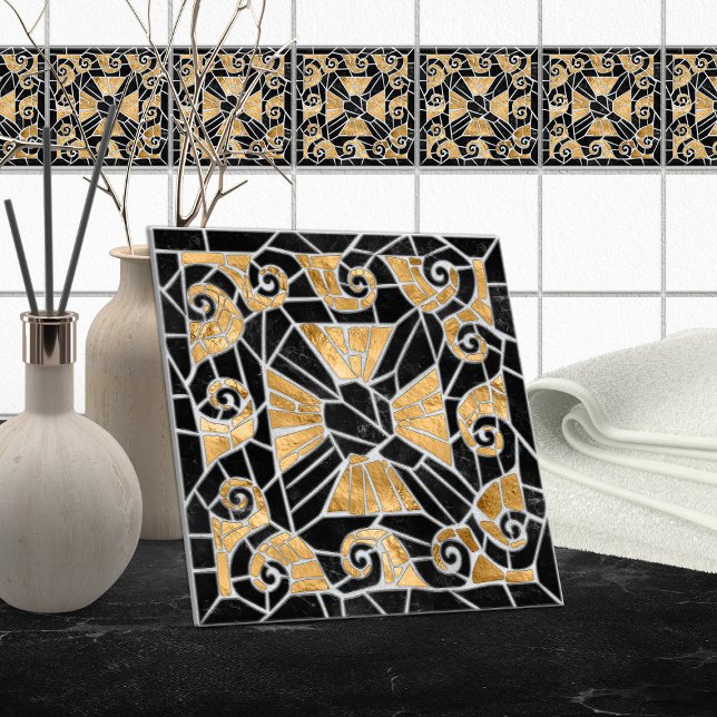 Grekiska Brken Tile Mosaic Black och guld Kakelplatta (Skapare uppladdad)