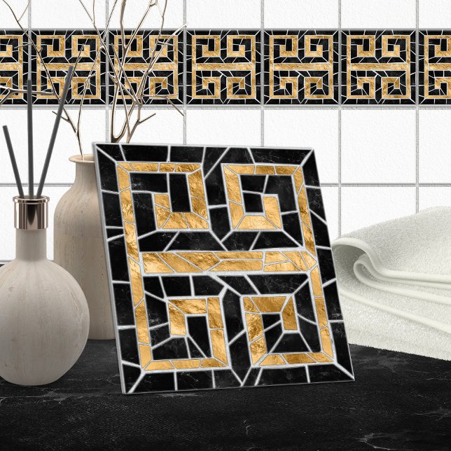 Grekiska Brken Tile Mosaic Black och guld Kakelplatta (Skapare uppladdad)