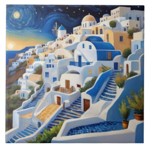 Grekiska byn på Hillside med kvarn - Grekland Kakelplatta