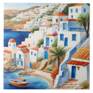 Grekiska byn vid havet, Grekland Travel Souvenir Kakelplatta