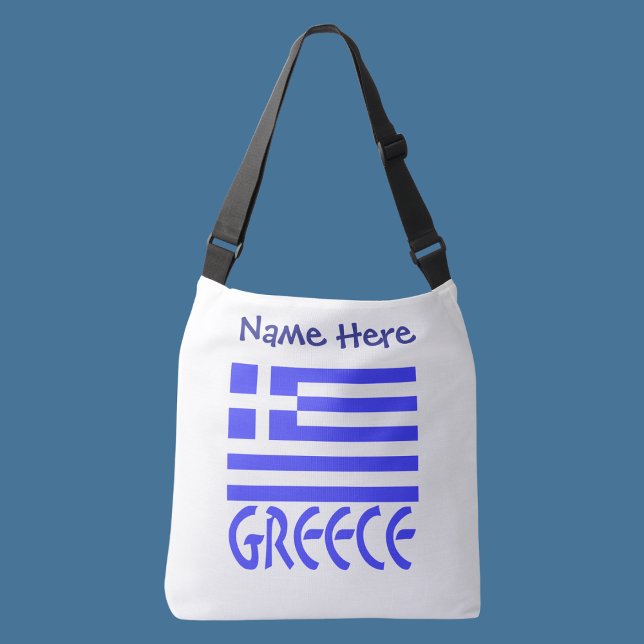 Grekiska Flagga Blue Personalization Axelväska (Personalized crossbody bag with Greek flag and word GREECE below in blue letters. Add name above.)