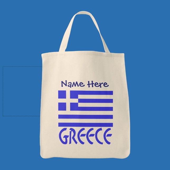Grekiska Flagga Blue Personalization Tygkasse (Personalized tote bag with Greek flag and the word GREECE below in blue letters. Add a name above.)