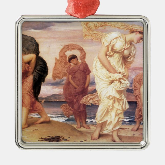 Grekiska flickor plockar upp Småstarna på en Sandy Julgransprydnad Metall (Framsidan)