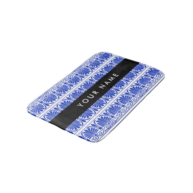 Grekiska Fret Arabesque Blue, Ditt namn, Anpassa Badrumsmatta (Vinklad)