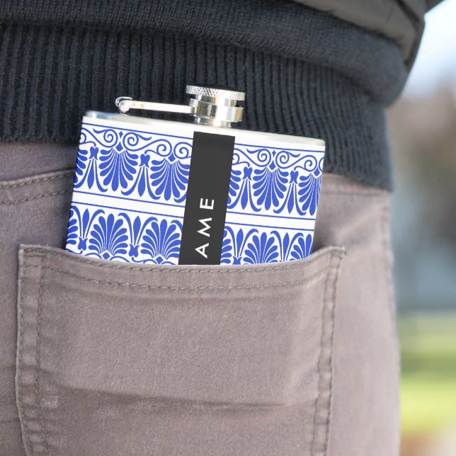 Grekiska Fret Arabesque Blue, Ditt namn, Anpassa Fickplunta (In Situ)